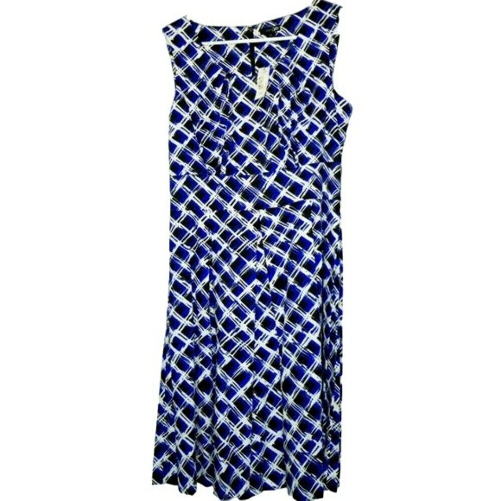 EAST‎ 5TH NWT BLUE/WHITE GEO PRINT FIT & FLARE PLEATED SLEEVELESS SCOOP NECK 12